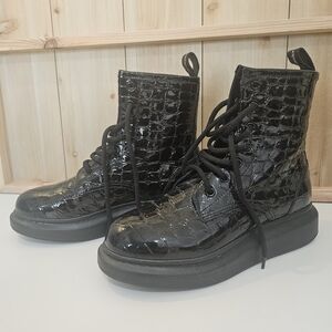 Alexander McQueen Black Patent Leather Ankle Boots Size 37.5 EU